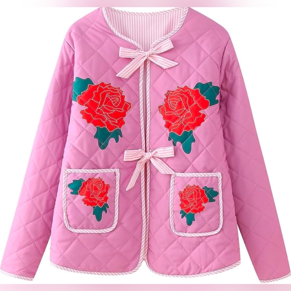 Purple Pink Quilted Tie Front Cardigan Jacket S Roses Are Red Puffer Cottagecore